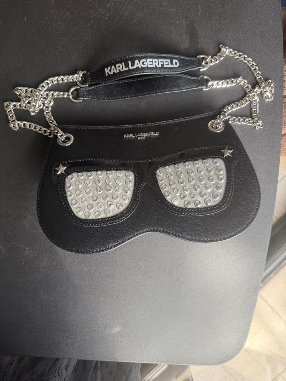 Karl Lagerfeld Black Leather Sunglasses Appliqué Chain Crossbody